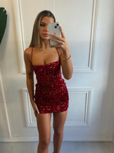 Load image into Gallery viewer, Red Gini Lace-up Sequins Dress

