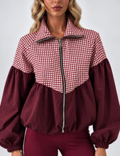 Load image into Gallery viewer, Burgundy Check Print Zip-Up Jacket
