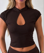 Load image into Gallery viewer, Brown Michaela Keyhole High-Neck Top
