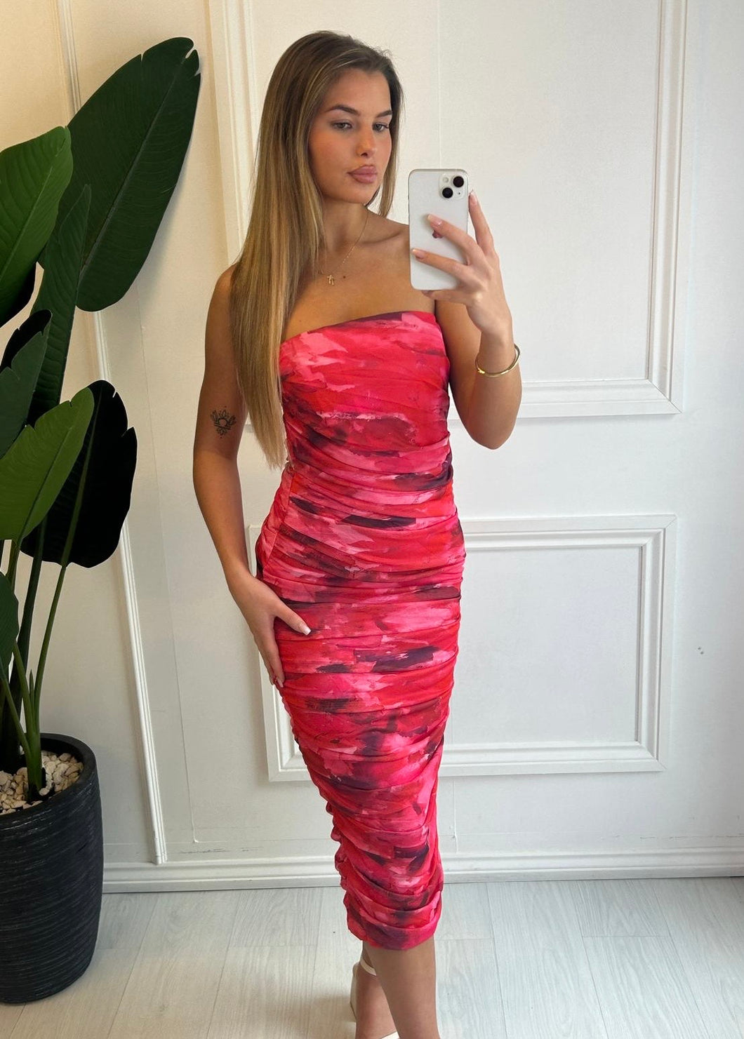 Pink Courtney Abstract Print Ruched Maxi Dress