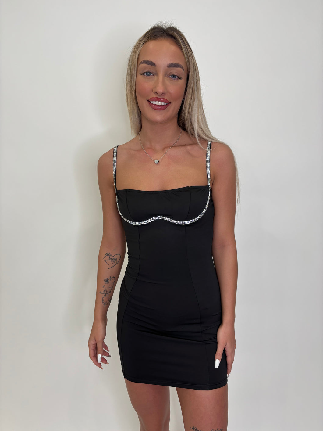 Black Sabrina Diamond Strap Mini Dress