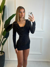 Load image into Gallery viewer, Black Selena Lurex Cowl Neck Mini Dress
