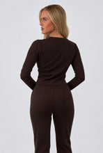 Load image into Gallery viewer, Chocolate Brown Katy Ribbed Button-Up Top &amp; Straight Leg Trouser Co-Ord Set
