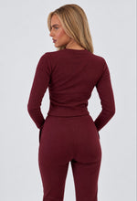 Load image into Gallery viewer, Wine Katy Ribbed Button-Up Top &amp; Straight Leg Trouser Co-Ord Set
