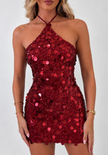 Load image into Gallery viewer, Wine Kelly Sequin Halter Neck Mini Dress
