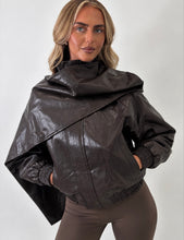 Load image into Gallery viewer, Chocolate Brown Phoebe Faux Leather Scarf Bomber Jacket

