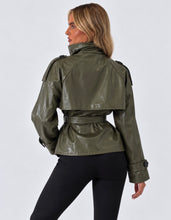 Load image into Gallery viewer, Green Faux Leather Belted Trench Jacket

