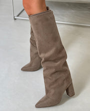 Load image into Gallery viewer, Taupe Suede Slouch Knee-High Boots
