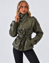 Load image into Gallery viewer, Green Faux Leather Belted Trench Jacket
