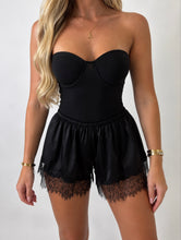 Load image into Gallery viewer, Black Isla Satin Lace-Trim Shorts

