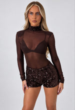 Load image into Gallery viewer, Brown Grainne Sequin Mesh Bodysuit &amp; Shorts Set
