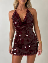 Load image into Gallery viewer, Wine Romy Sequin Halterneck Mini Dress
