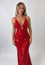 Load image into Gallery viewer, Red Hailey Sequin Plunge Maxi Dress
