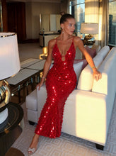 Load image into Gallery viewer, Red Hailey Sequin Plunge Maxi Dress
