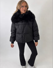 Load image into Gallery viewer, Black Lauren Faux Fur Trim Puffer Jacket
