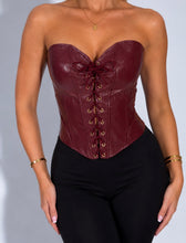 Load image into Gallery viewer, Burgundy Faye Faux Leather Lace-Up Corset Top
