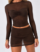 Load image into Gallery viewer, Brown Becky Mesh Diamanté Top &amp; Mini Skirt Co-Ord
