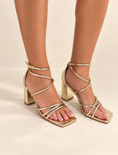 Load image into Gallery viewer, Gold Diamanté Strap Block Heel Sandals
