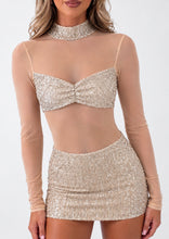 Load image into Gallery viewer, Champagne Jasmine Sequin Mesh High-Neck Skirt and Top Set
