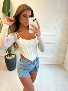 White Florence Mesh Sleeve Corset Top