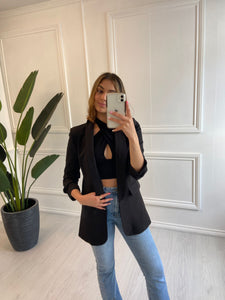 Black Heather Blazer with Ruched Sleeve