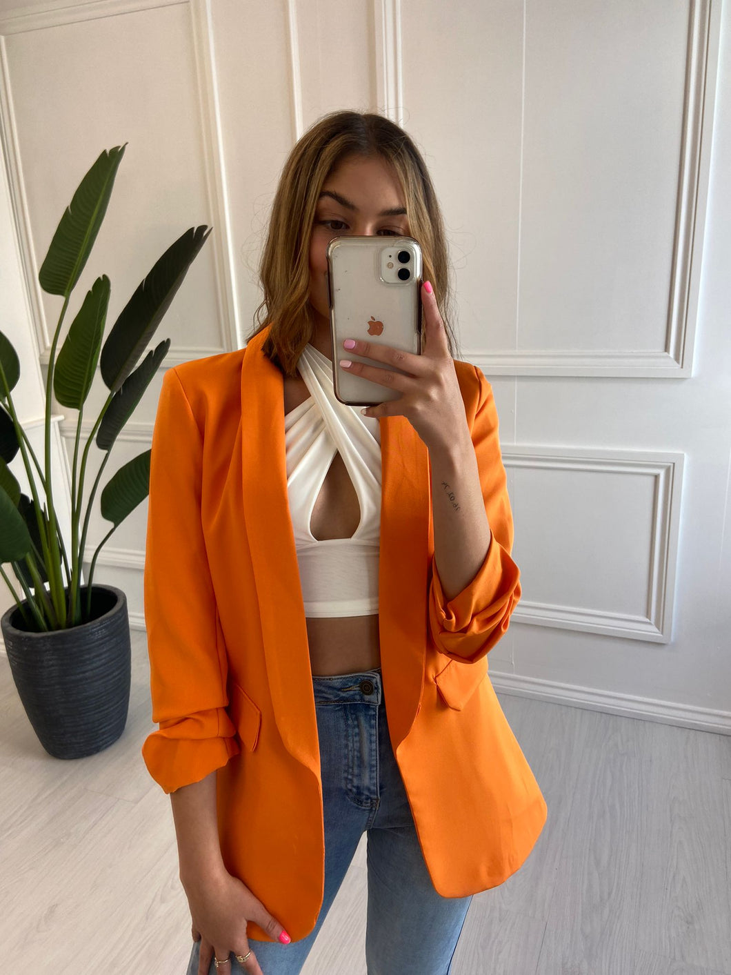 Orange Heather Blazer with Ruched Sleeve