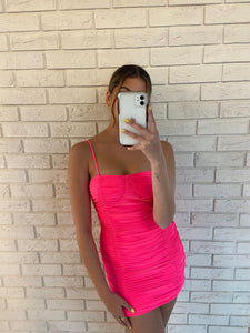 Hot Pink Melissa Ruched Cup Mini Dress
