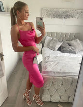 Load image into Gallery viewer, Hot Pink Olivia Satin Midi Dress
