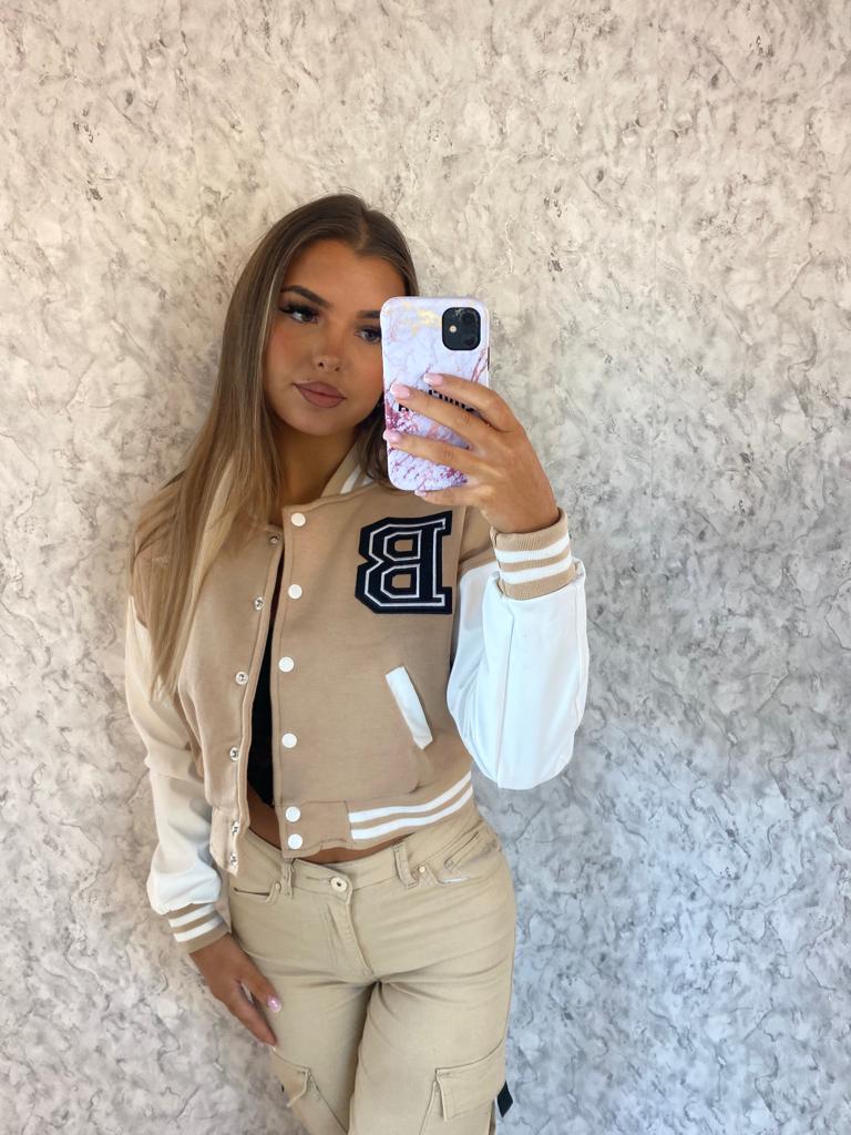 Beige Alba Varsity Bomber Jacket