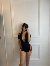 Load image into Gallery viewer, Black Layla Playsuit with Orange Stripes
